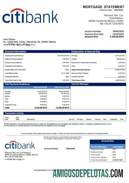 realista Modelo Word e PDF de declaração de hipoteca do México Citibank México